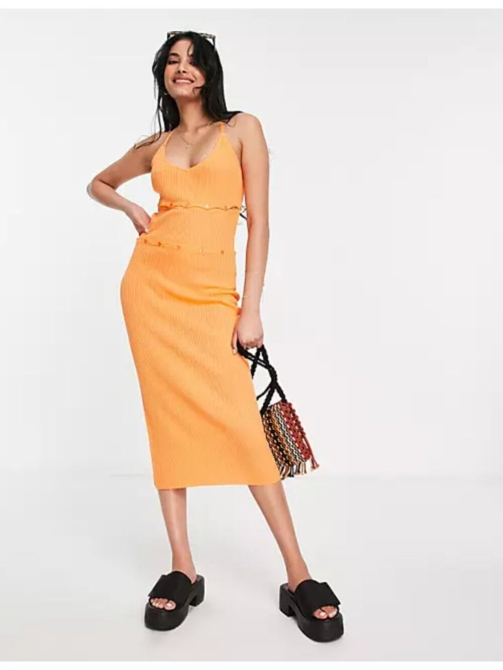 NA-KD Elin Warnqvist Ribbed Knit Midi Dress Orange Button Detail Cut Outs Small
